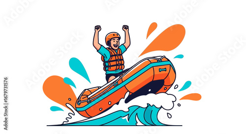 Cartoon illustration of a person white water rafting and enjoying the adventure