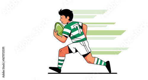 Cartoon illustration of a rugby player running with the ball in his hands