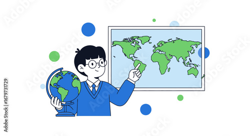Cartoon illustration of a student with a globe and a world map, geography concept