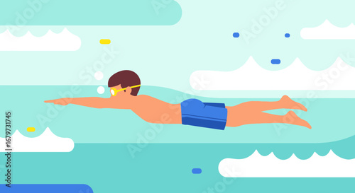 Cartoon illustration of a swimmer in the water swimming against the beautiful sky