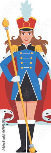 Cartoon female drum major in marching band uniform, royal spirit theme, baton leader, parade performer, band leader illustration, spotlight.
