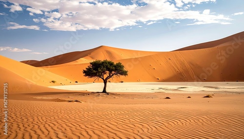Single Tree in Orange Sand Dunes Under a Soft Sky