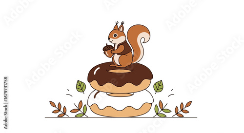 Cartoon illustration of a squirrel holding an acorn on top of delicious donuts