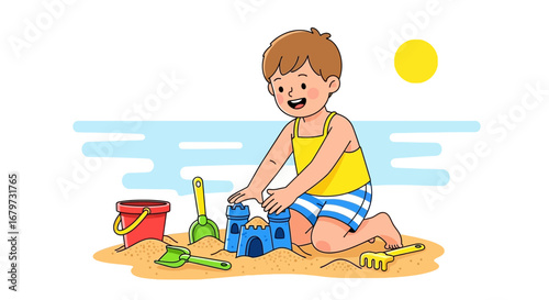 Child At Beach Building Sandcastles Enjoying Warm Summer Day With Toys