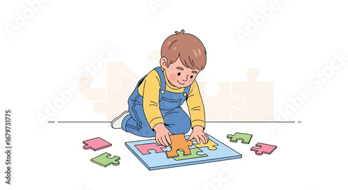 Child Assembling Puzzle: Illustration Of Joy And Concentration During Playtime
