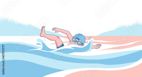 Cartoon illustration of a swimmer swimming in blue water and wearing goggles