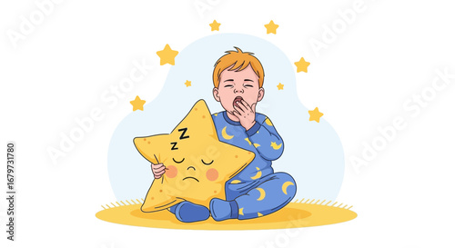 Cartoon illustration of a tired child yawning, ready for sleep with a star pillow