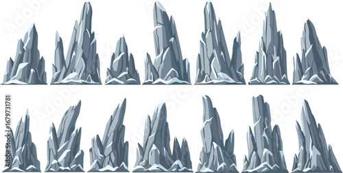 A collection of sharp icy stalactites or icicles in a row on a white background
