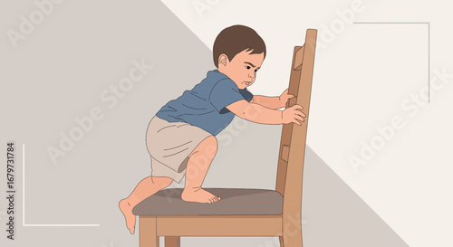 Child Attempts To Climb Chair Representing Determination And Early Development