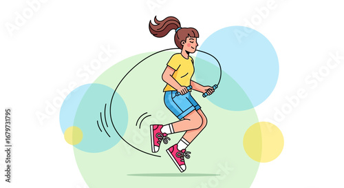 Cartoon illustration of a woman jumping rope for fitness and cardio workout sessions