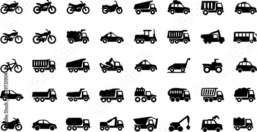 Set of various transportation and construction machinery. Icons of Motorcycles and bicycles, cars, heavy trucks, Heavy-duty vehicles and buses.
