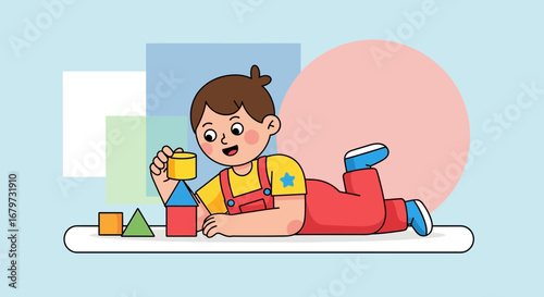 Child Building Colorful Block Tower While Lying Down, Happy And Playful Illustration