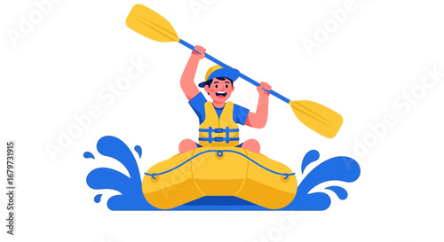 Cartoon Illustration of Rafting Adventure Amidst Water Splashes and Smiling Raftsperson