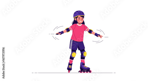 Cartoon Illustration Of A Young Girl Enjoying Roller Skating With Protective Gear On