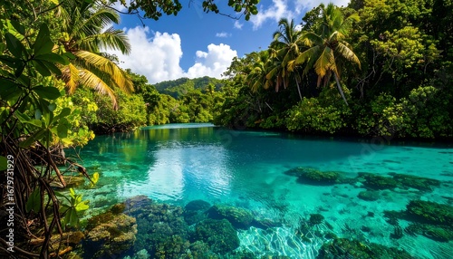 Lush tropical lagoon with crystal-clear water