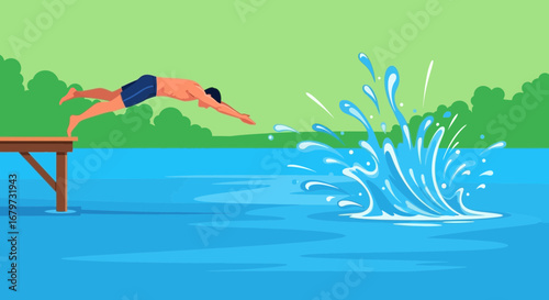 Cartoon illustration of person diving into water creating a splash and waves