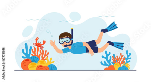 Cartoon image depicting a child snorkeling underwater exploring marine life, no comma or special character