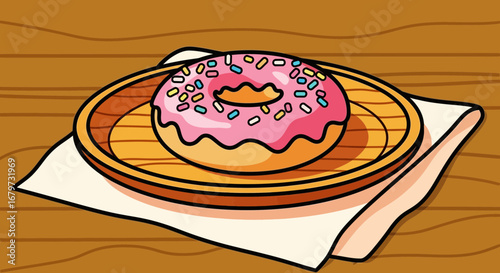 Cartoon image of a donut with pink frosting and colorful sprinkles on a wooden table
