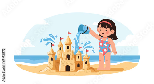 Child Building Sandcastle On A Sunny Beach Enjoying Summer Fun And Leisure