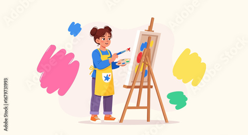Cartoon lady painting, enjoying art time, and having fun with colorful art paintings