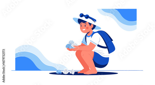 Child Collecting Seashells On Sandy Shores During A Sunny Summer Day Illustration