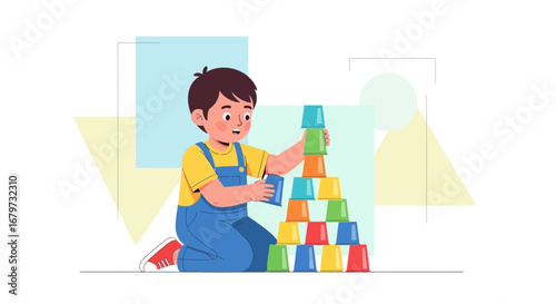 Child Constructing Tower Of Cups Demonstrates Creative Exploration And Playtime Activity