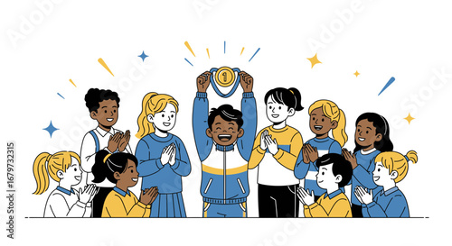 Celebrating Victory: A Group Of Happy Children Congratulating Their Champion With A Medal