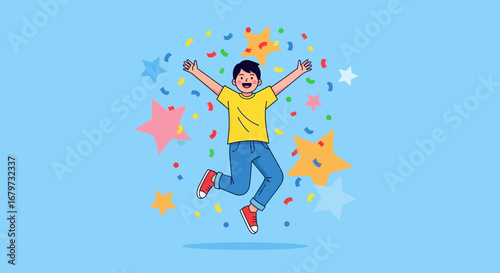 Celebratory Joyful Youngster In Mid-Air Surrounded By Star-Shaped Confetti
