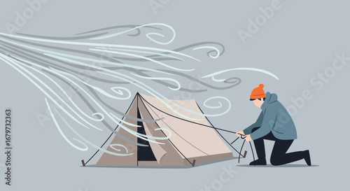 Challenging Setup: A Person Battles Strong Winds While Erecting a Tent in Nature