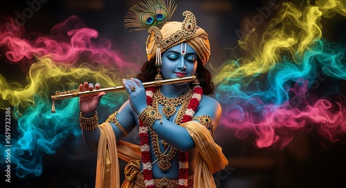 Krishna playing flute amidst colorful smoke Hindu god