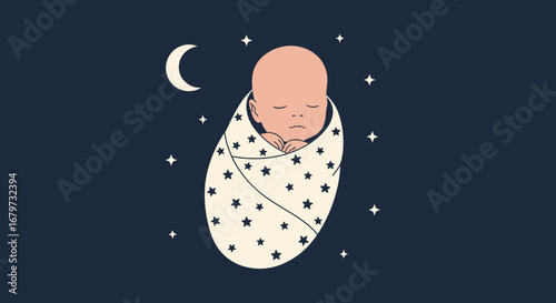 Celestial Embrace: Newborn Baby Sleeping Under Moonlight and Stars on a Dark Night Sky