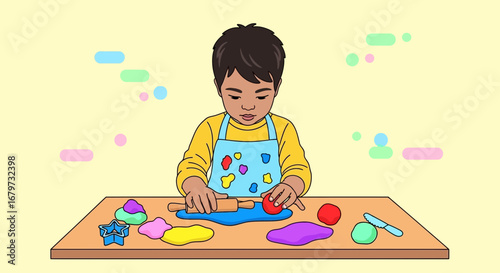 Child Crafting With Colorful Clay On A Wooden Surface  Creative Artistic Fun Activity