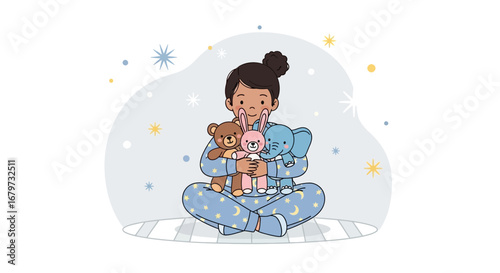 Child Cuddles Toys While Sitting In PJs With Cute Decorations In The Background