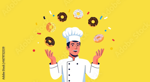 Charming chef juggling delicious donuts against a vibrant yellow background