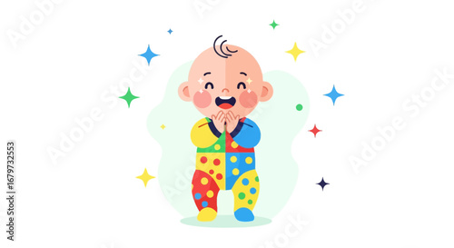 Charming illustration of a joyful baby wearing colorful clothes, happy childhood