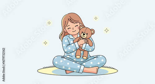 Charming illustration of a girl in pajamas holding a teddy bear, cozy and lovely moment