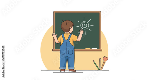 Child Drawing Sunlight on Chalkboard Representing Education and Learning in a Classroom