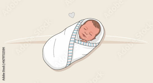 Charming illustration of a newborn baby swaddled and peacefully sleeping with a heart above