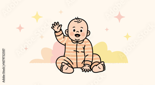 Charming Infant Illustration Waving And Smiling With Decorative Elements In Background