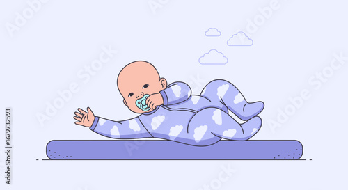 Charming Infant In Cloud-Patterned Outfit Reclines, Pacifier In Mouth, Reaching Out