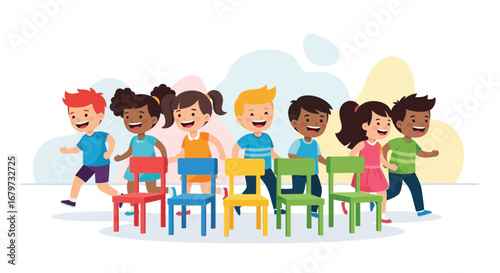 Cheerful And Colorful Children Playing Musical Chairs During Outdoor Recreation