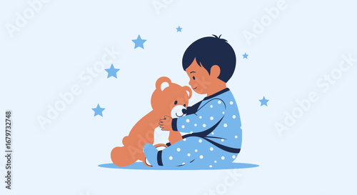 Child Embracing Plush Toy Under Starry Night Sky, Peaceful Scene Depicted in Illustration Style