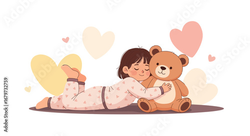 Child Embracing Teddy Bear in Cozy Pajamas with Hearts Symbolizing Happiness and Love