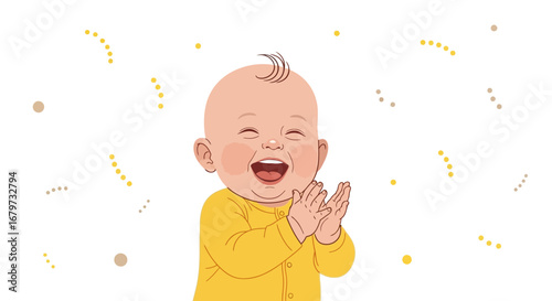 Cheerful baby clapping hands and laughing with joy on a bright white background