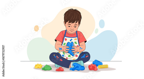 Child Engaging With Clay, Exploring Creativity, Artistic Playtime, Colorful, Expressive Illustration