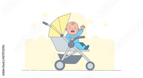 Cheerful Baby in Stroller Waving Hello, Enjoying the Sunshine and a Peaceful Journey