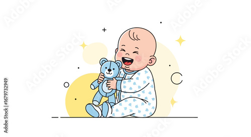 Cheerful Baby Joyfully Laughing While Holding a Blue Teddy Bear Cartoon Illustration