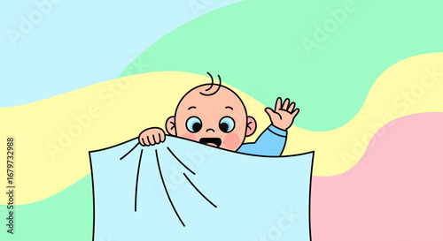Cheerful Baby Peeking From Behind Blanket With Happy Face and Excited Gesture