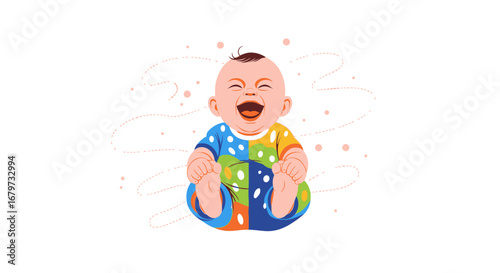 Cheerful Baby Laughing with Joyful Expression and Colorful Clothes Illustration Design