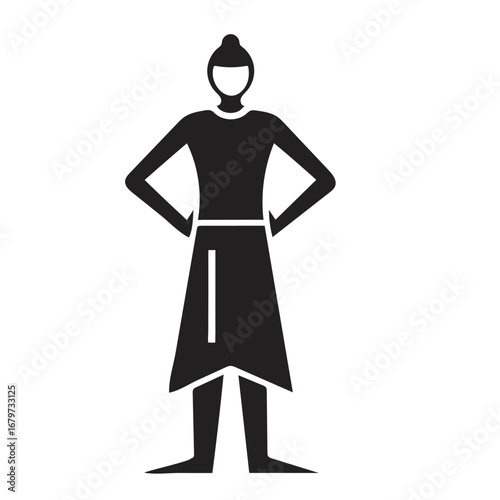 "Standing Figure Icon – Black Silhouette of Person in Tunic with Topknot Hairstyle, Hands on Hips – Stylized Minimalist Vector for Cultural Representation, Empowerment, Identity, and Instructional Gra